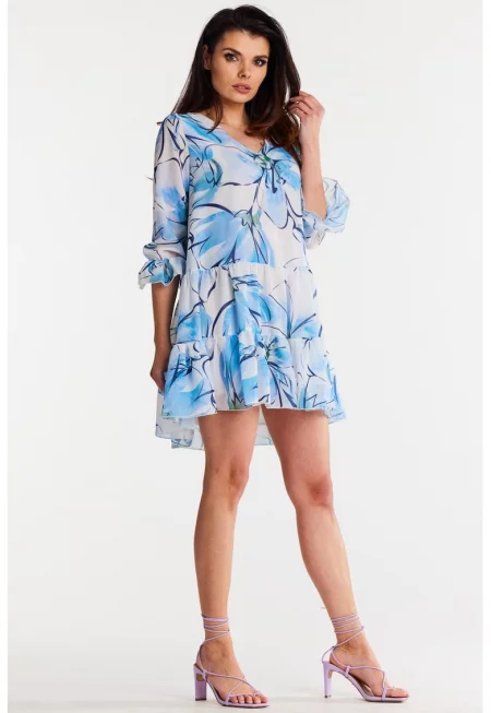 Къса флорална рокля с три четвърти ръкави A507