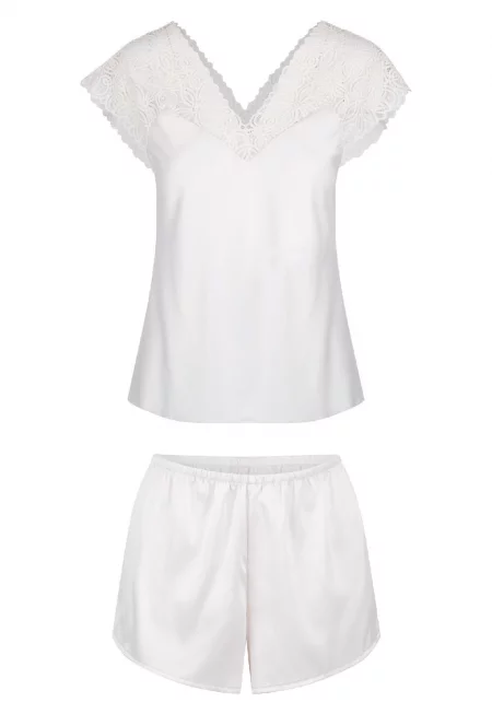 Къса пижама от сатинирана материя и дантела - Крем
