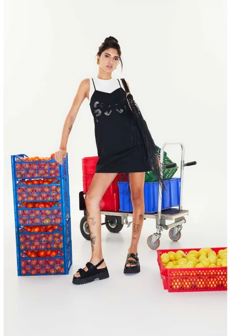 Къса рокля с лен - Бял/Черен