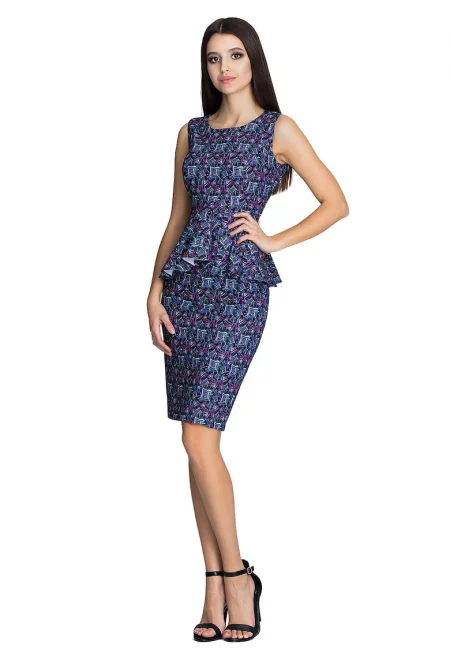 Комплект пола и блуза  пола тип молив - блуза с волани - тъмносиньо - полиестер