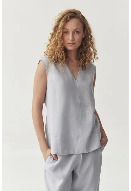 Ленен топ Luiza с шпиц - Ледено синьо