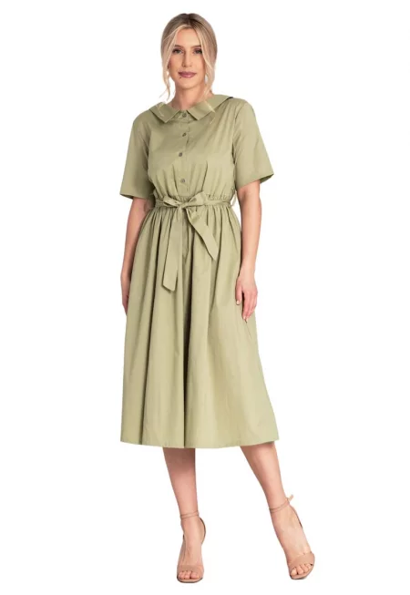 Миди рокля -  зелена - модел риза - памук - SM