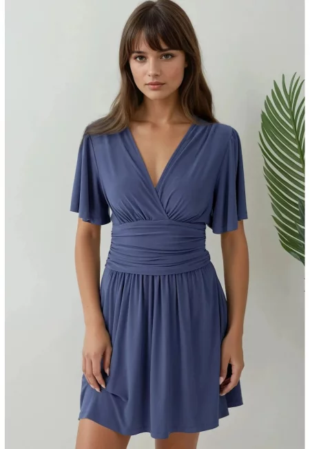 Мини рокля -  къс ръкав - V-образно деколте - синя - трикотаж