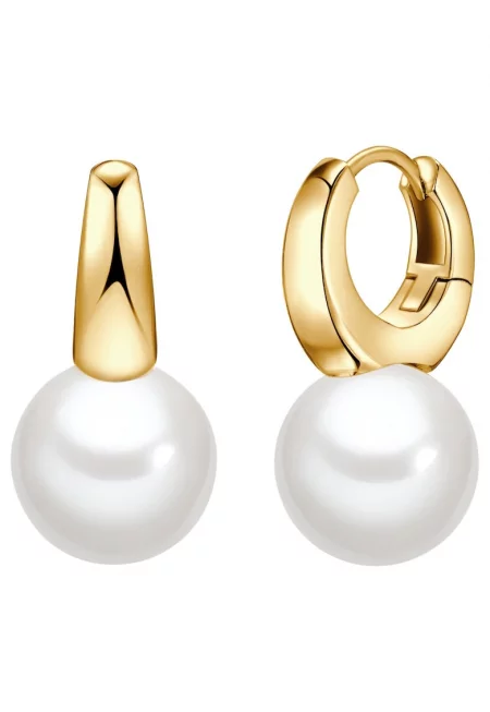 Обеци тип халки с 14К златно покритие и перли - Златист/Жълт