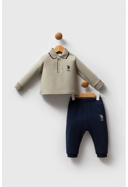 Памучна блуза с яка и спортен панталон - 2 части - Светло кафяво/Тъмносин