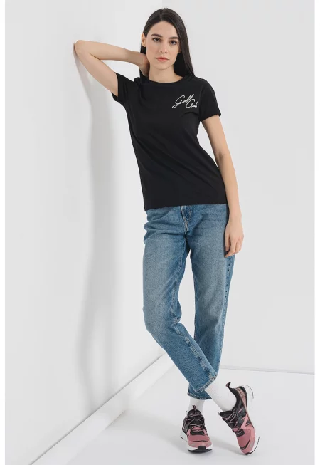 Памучна тениска с бродирано лого - Бял/Черен