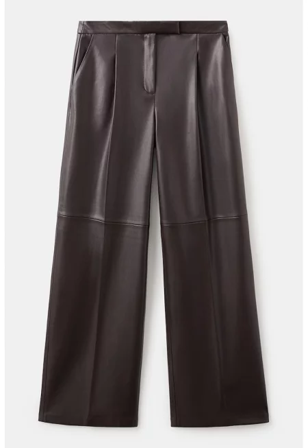 Панталон от еко кожа с широк крачол - Тъмнокафяв
