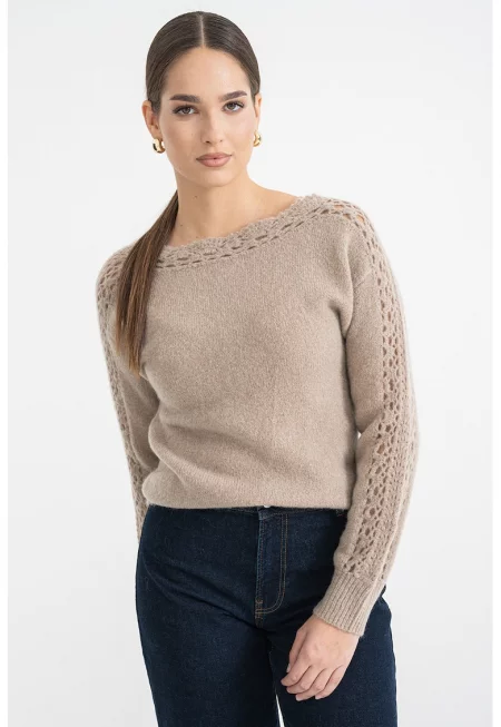 Пуловер с вълна с перфорации - Сиво-кафяв