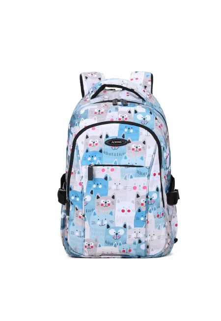 Раница с подплатен гръб и принт - Бял/Син