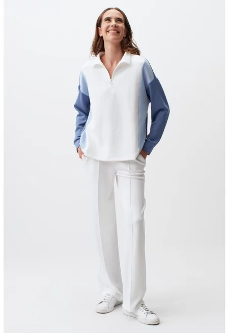 Разкроен панталон с висока талия - Бял