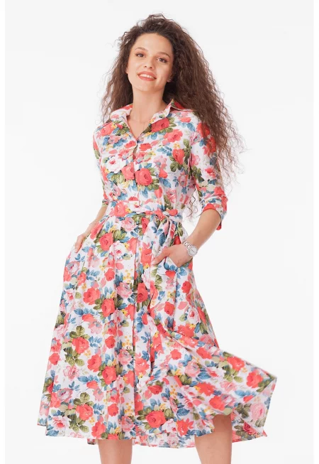 Разкроена рокля-риза с колан - Зелен/Корал/Син