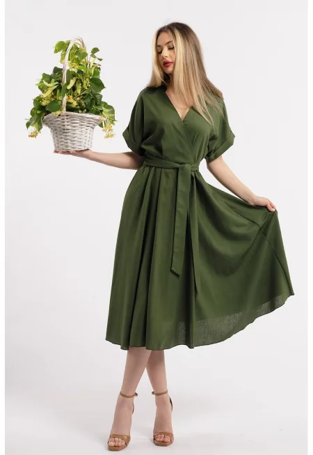 Разкроена рокля с лен и шпиц - Тъмно каки