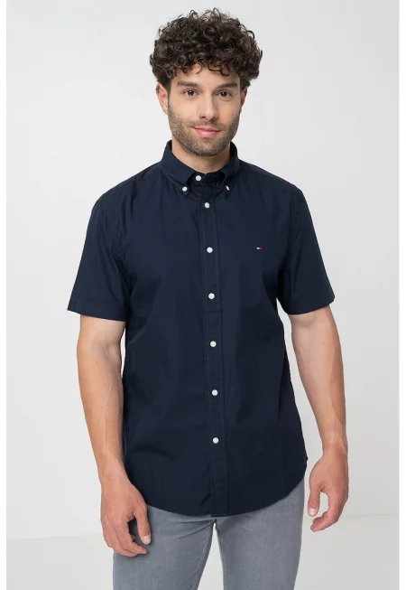 Риза от поплин с къси ръкави - Ултрамарин синьо