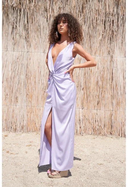 Рокля Erika с дълбоко деколте и фронтална цепка - Лилав