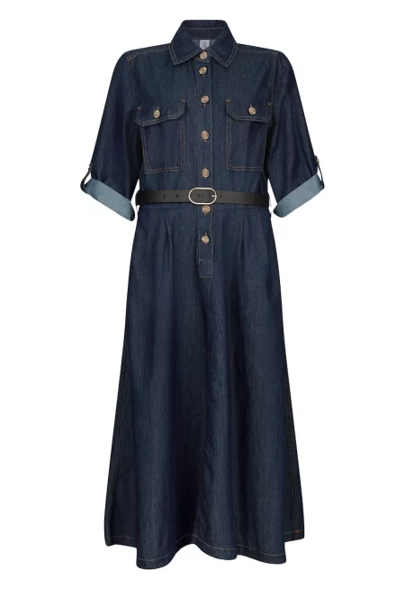 Рокля от деним с навити ръкави и джобове - Тъмносин