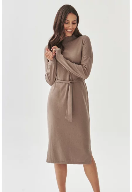 Рокля-пуловер с вълна и връзка - Светло кафяво