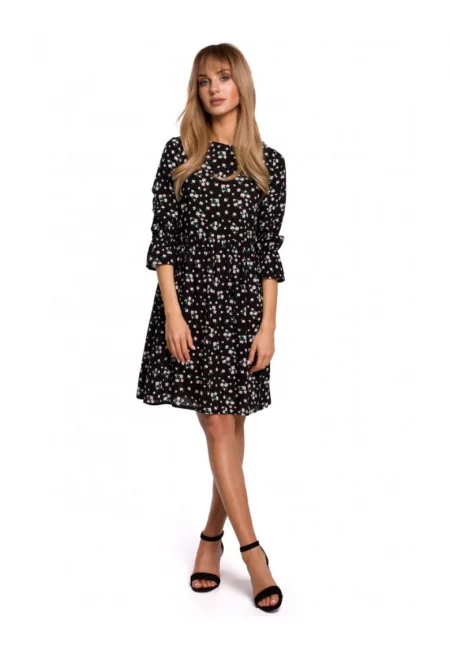 Рокля с къдрави ръкави - Вискоза - Черна - М