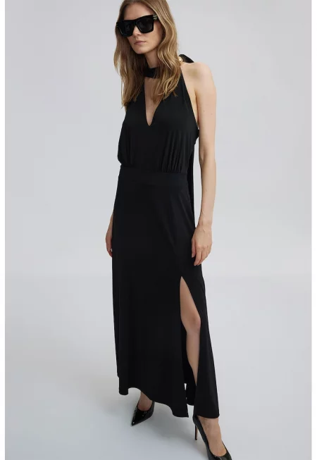 Рокля с веревна кройка и отвори - Черен
