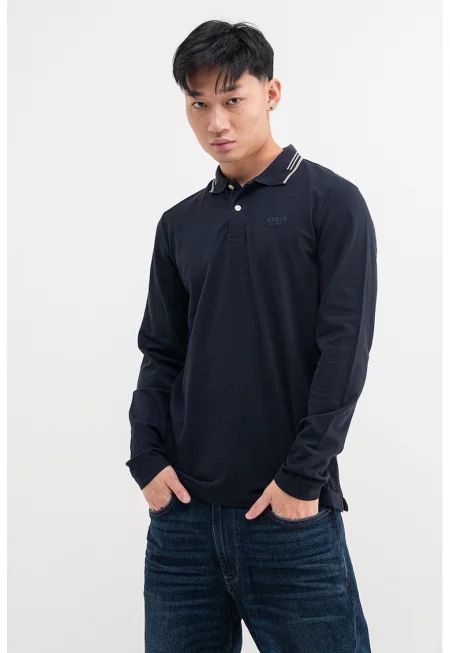 Слим блуза с яка - Тъмносин/Сиво-бежов