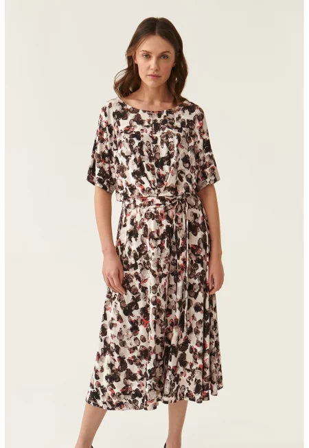 Среднодълга рокля с десен - Бял/Черен/Корал