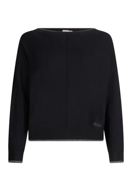 Свободен фино плетен пуловер - Черен