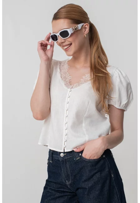 Блуза с лен с къси ръкави