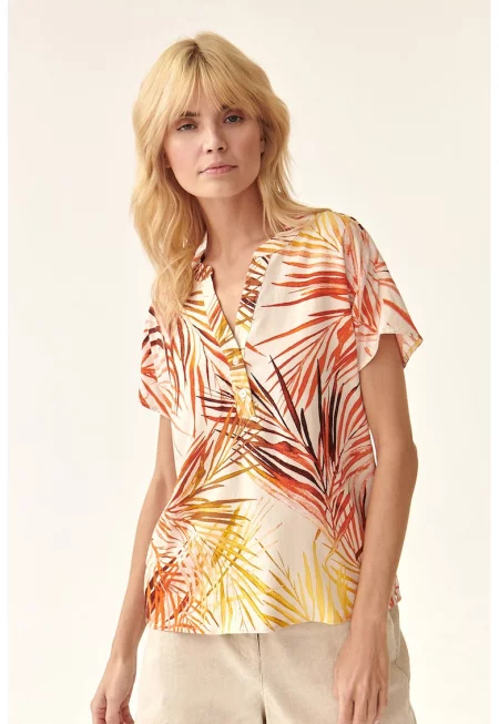 Блуза с принт и къси ръкави - Кафяв/Оранжев/Пепеляво сиво