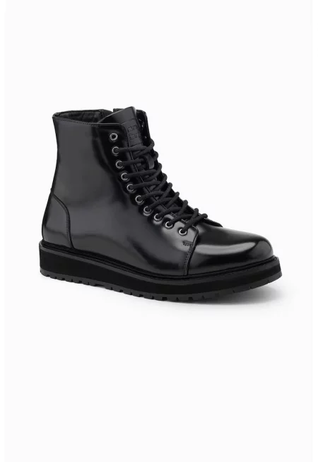 Боти от еко кожа с връзки - Черен