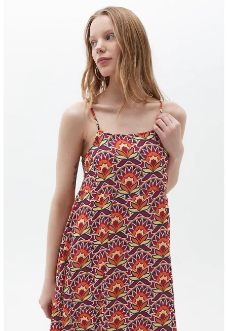 Дълга рокля с флорален десен - Жълт/Керемидено червено