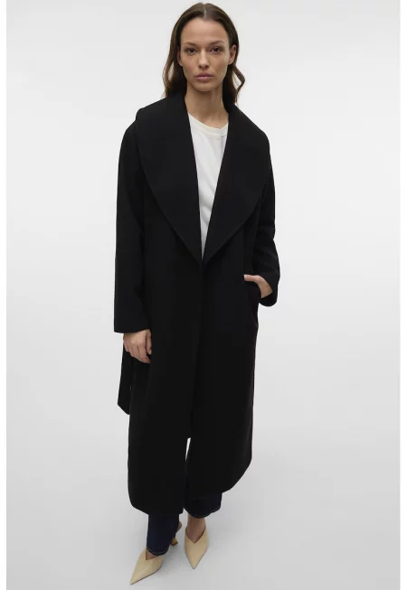 Дълго палто с колан - Черен