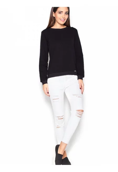 Дамска блуза  черна - памук - семпла кройка - декоративна панделка