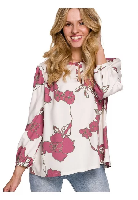 Дамска блуза -  флорален десен - вискоза - кремаво/розово -