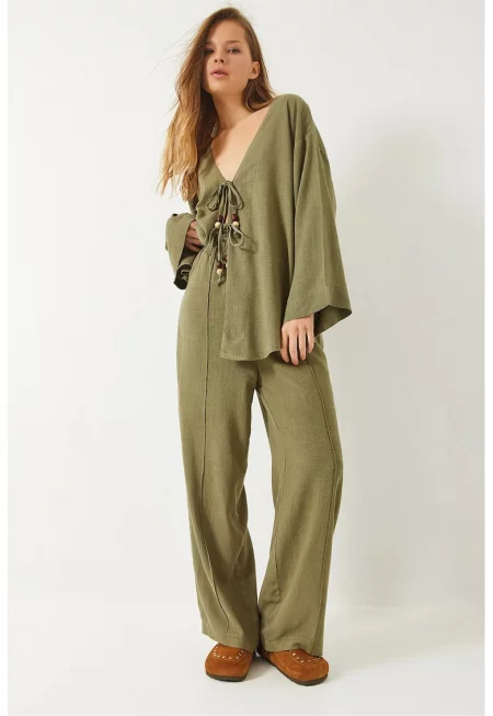 Дамски комплект  V-образно деколте - вискоза/лен - зелен
