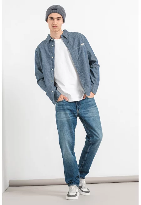 Дънкова риза с джоб - Син меланж