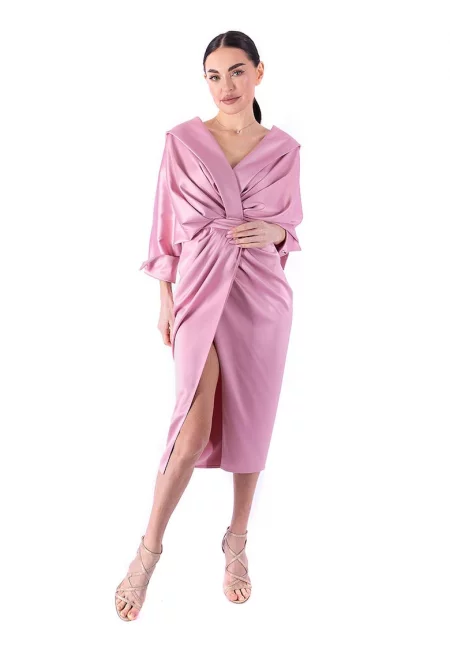 Драпирана рокля с 3/4 ръкави - Прашно розово