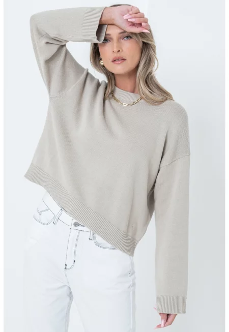 Едноцветен пуловер от памук с паднали ръкави