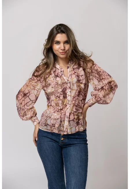 Ефирна риза Raluca с принт - Светлокафяв/Тъмновиолетов/Бледо розово