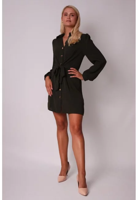 Елегантна мини рокля в маслинено зелено със златни копчета DA1661