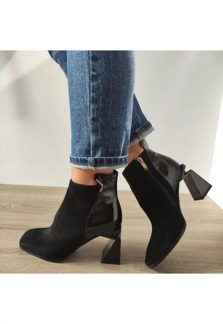 Елегантни дамски боти  H5225-3436 черен велур + лак - черен велур + лак - лак