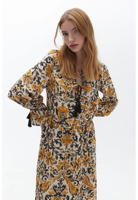 Флорална разкроена рокля - Кафяв/Оранжев/Крем