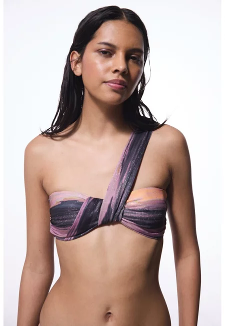 Горнище на бански с голо рамо - Светлорозов/Антрацитно сиво