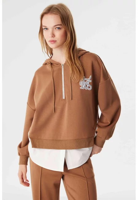 Худи 2 в 1 с къс цип - Коняк кафяв