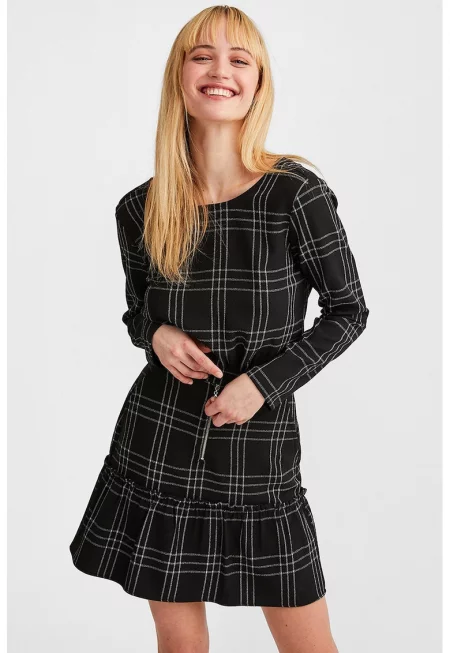 Къса карирана пола с набран подгъв - Бял/Черен