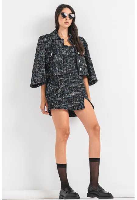 Къса рокля от туид - Черен/Бял/Син