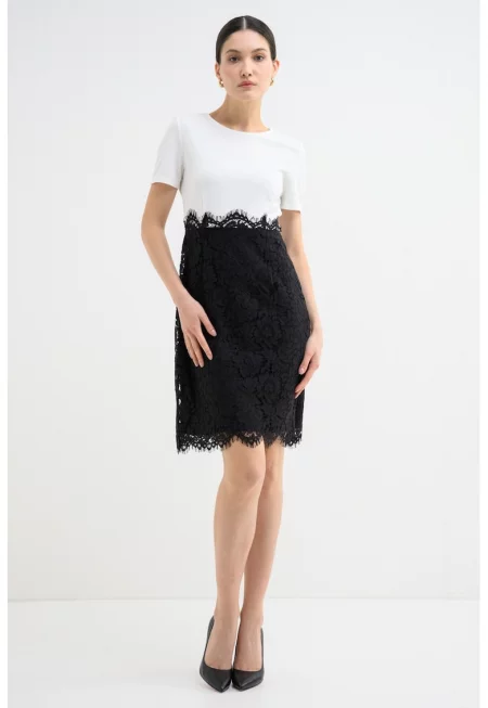 Къса рокля с къси ръкави - Бял/Черен