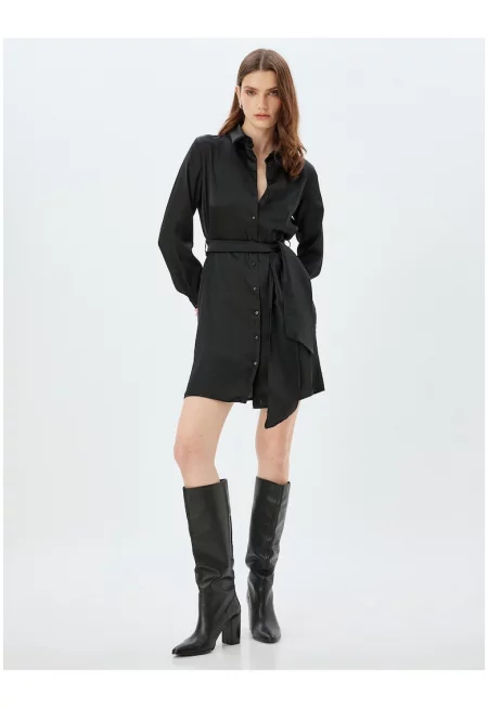 Къса рокля тип риза с колан - Черен