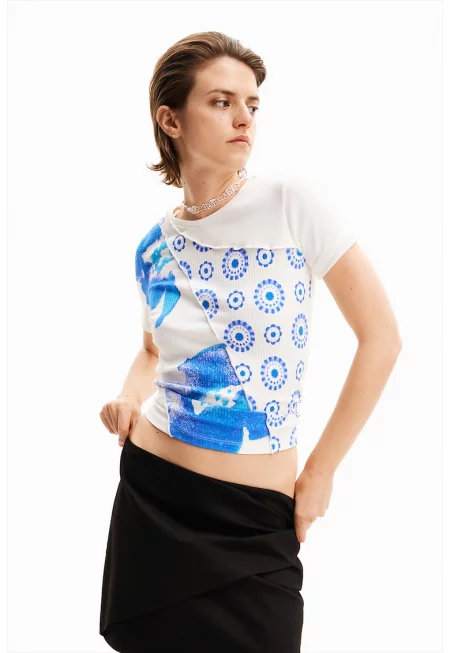 Къса тениска с апликация - Бял/Син