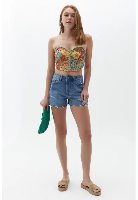 Къси дънки с подгъви със захабен ефект - Син