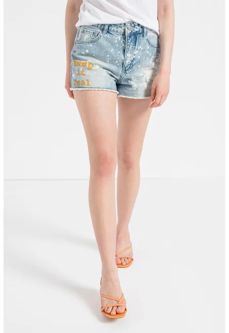 Къси дънки с висока талия и незавършен подгъв - Бял/Светлосин