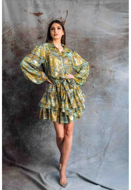 Копринена рокля Twila - Златист/Бледозелен/Светлокафяв